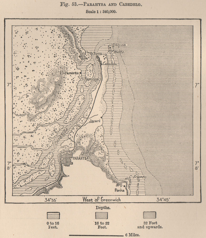 Paraiba (João Pessoa) and Cabedelo. Brazil 1885 old antique map plan chart